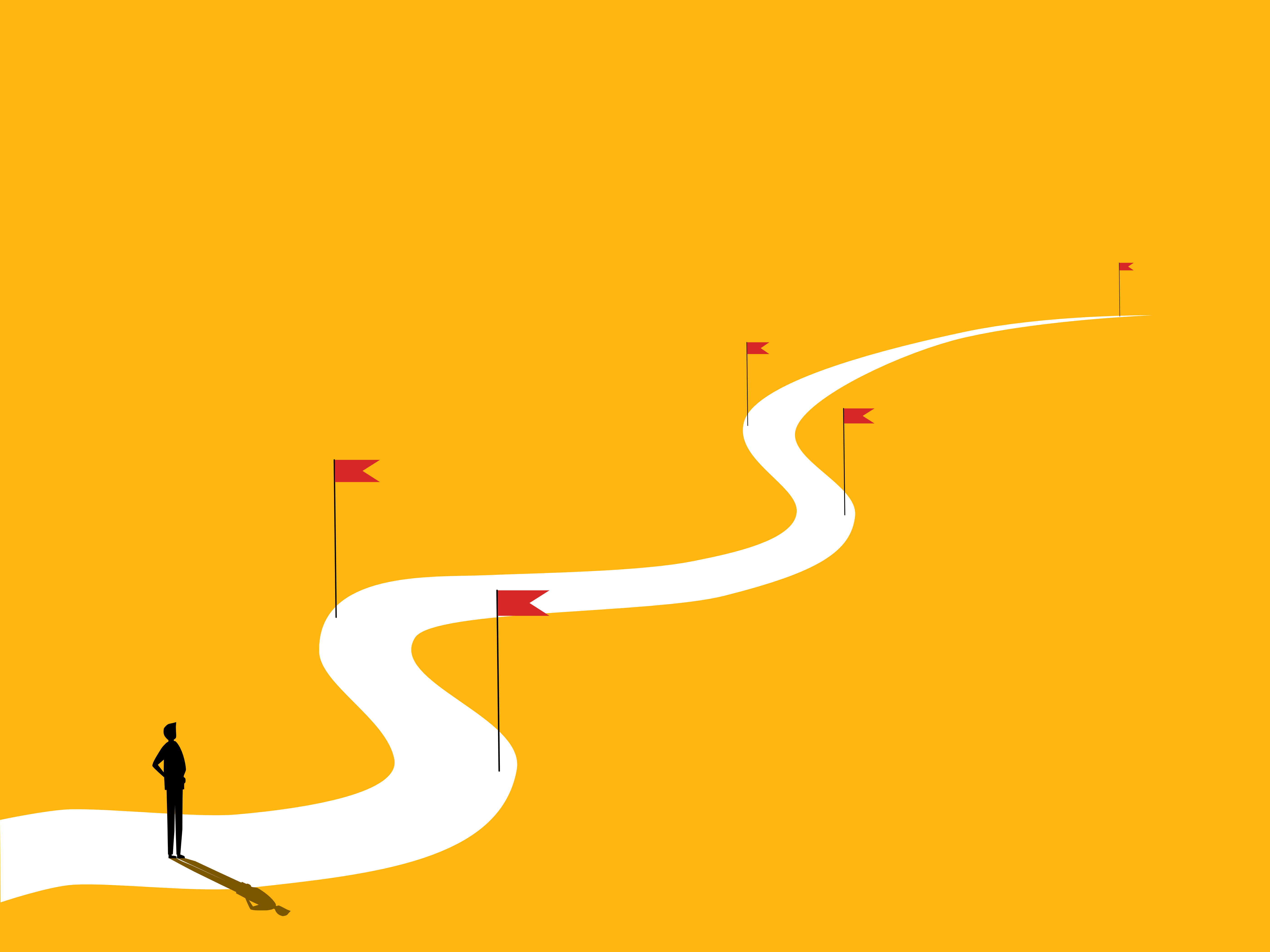 Businessman sees road ahead with flag markers 